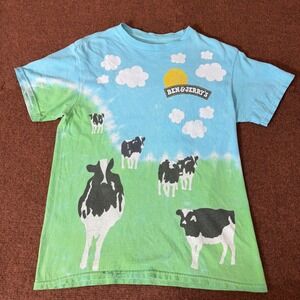 Ben & Jerrys Cow Graphic Tie Dye T-Shirt Mens Small Blue Green‎ Ice Cream Promo